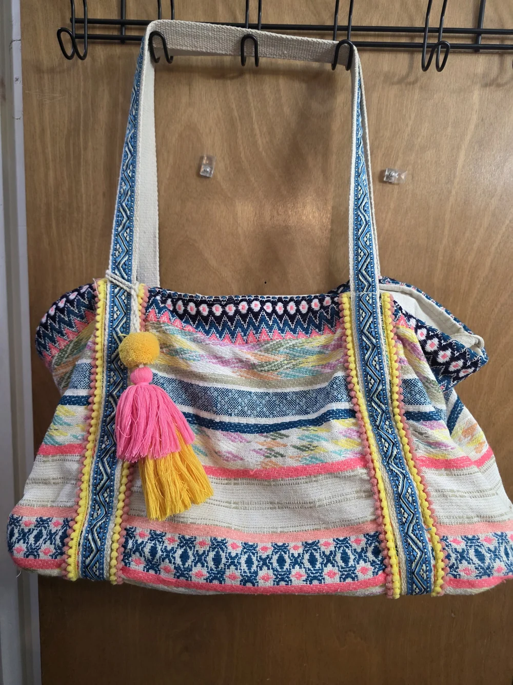 Multicolor Woven Boho Tote with Pink & Yellow Tassels